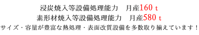 浸炭焼入等設備処理能力　月産160ｔ素形材焼入等設備処理能力　月産580ｔサイズ・容量が豊富な熱処理・表面改質設備を多数取り揃えています！