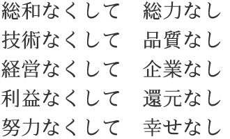 総和なくして　総力なし。技術なくして　品質なし。経営なくして　企業なし。利益なくして　還元なし。努力なくして　幸せなし